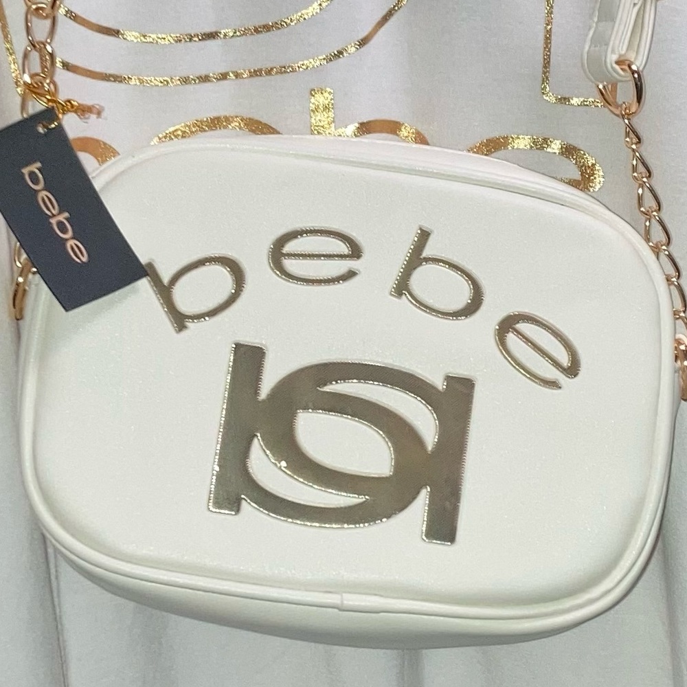 Bebe NWT small crossbody bag, white with shiny Gold logo and accents/details